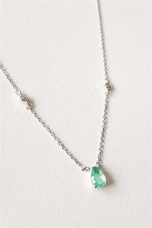 İTHAL MİNİ PARAİBA TURMALİN DAMLA 2 TAŞ YAN GÜMÜŞ KOLYE