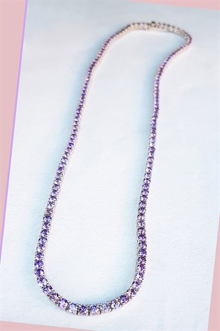 İTHAL MOR LİLA TAŞLI SUYOLU GÜMÜŞ KOLYE