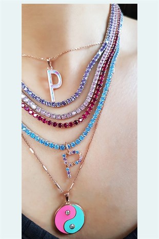 İTHAL MOR LİLA TAŞLI SUYOLU GÜMÜŞ KOLYE