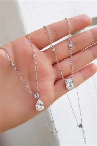 İTHAL MOZANİT G COLOR DİKDÖRTGEN GÜMÜŞ KOLYE