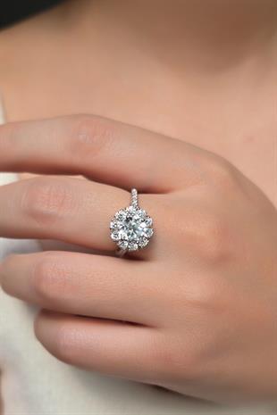 İTHAL MOZANİT YUVARLAK ÇİÇEKLİ GÜMÜŞ YÜZÜK