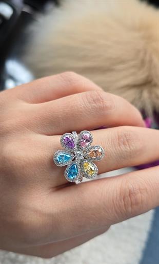 İTHAL MULTİ RENKLİ ÇİÇEKLİ FLOWER GÜMÜŞ YÜZÜK 