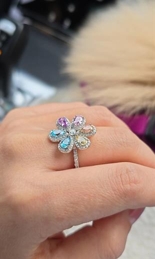 İTHAL MULTİ RENKLİ ÇİÇEKLİ FLOWER GÜMÜŞ YÜZÜK 