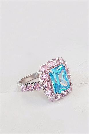 İTHAL PEMBE MAVİ  BUZ KESİM TAŞ GÜMÜŞ YÜZÜK