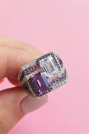 İTHAL PREMİUM BAGET MOR BEYAZ KARE GÜMÜŞ YÜZÜK 