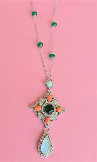 İTHAL PREMİUM KÖK ZÜMRÜT OPAL MERCAN DAMLA GÜMÜŞ KOLYE