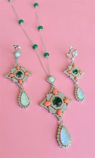 İTHAL PREMİUM KÖK ZÜMRÜT OPAL MERCAN DAMLA GÜMÜŞ KOLYE