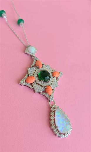 İTHAL PREMİUM KÖK ZÜMRÜT OPAL MERCAN DAMLA GÜMÜŞ KOLYE