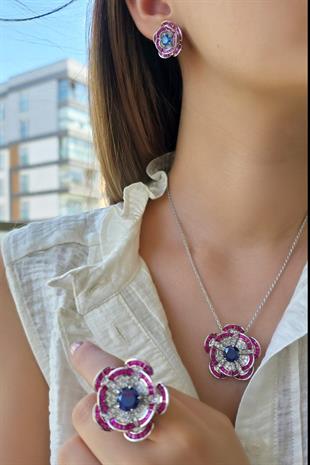 İTHAL BAGET SAFİR FUŞYA ÇİÇEKLİ GÜMÜŞ KÜPE