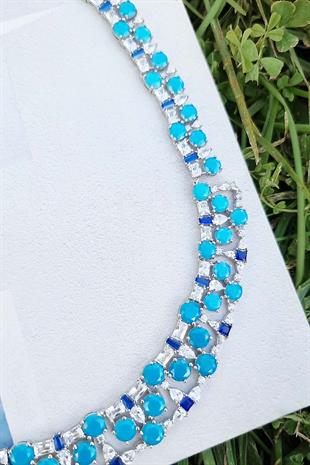 İTHAL VIP TURKUAZ TAŞLI FANCY KESİM TASARIM GÜMÜŞ KOLYE