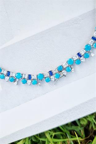 İTHAL VIP TURKUAZ TAŞLI FANCY KESİM TASARIM GÜMÜŞ KOLYE