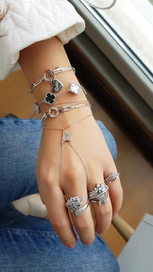 İTHAL YONCA SİYAH BEYAZ SEDEF GÜMÜŞ BİLEKLİK - ORTA