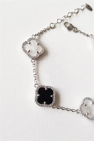 İTHAL YONCA SİYAH BEYAZ SEDEF GÜMÜŞ BİLEKLİK - ORTA