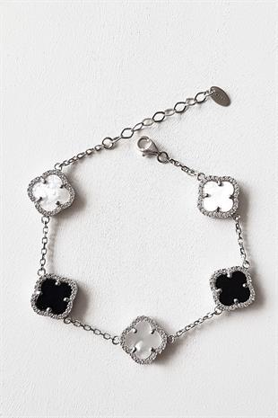 İTHAL YONCA SİYAH BEYAZ SEDEF GÜMÜŞ BİLEKLİK - ORTA