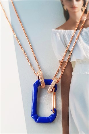 MAVİ İTHAL DOUBLE ZİNCİR DİKDÖRTGEN GÜMÜŞ KOLYE