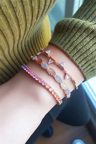SILVER BRACELET WITH MINI TATTOOS AND STONES LEAF SHAPE