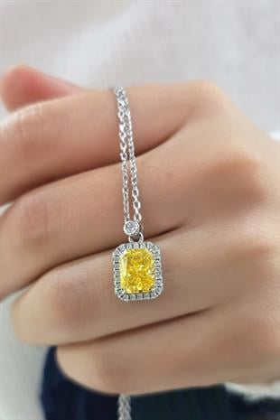 MİNİ SİTRİN SARI DİKDÖRTGEN GÜMÜŞ KOLYE