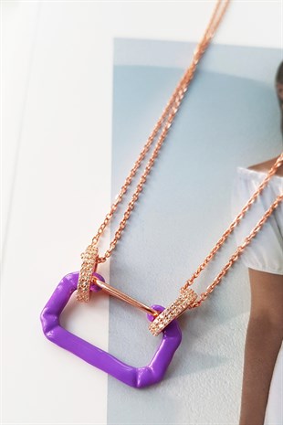 MOR İTHAL DOUBLE ZİNCİR DİKDÖRTGEN GÜMÜŞ KOLYE