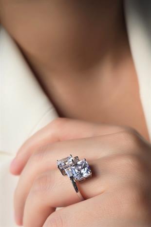 MOZANİT DOUBLE KARE GÜMÜŞ YÜZÜK