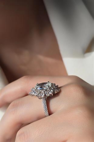 MOZANİT ÇOKLU DAMLA OVAL GÜMÜŞ YÜZÜK