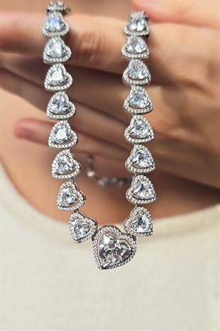 PREMİUM KALPLİ MOZANİT GÜMÜŞ KOLYE