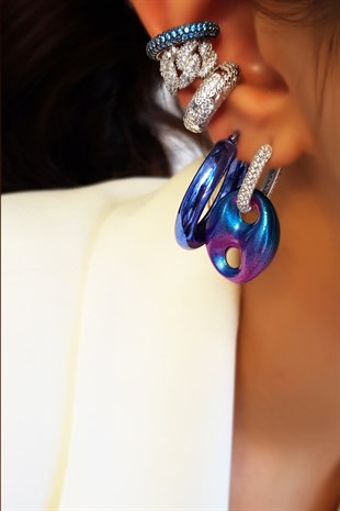 TEKLİ 3 CM MAVİ HALKA GÜMÜŞ KÜPE