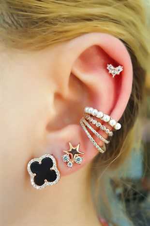 Tekli, 3 Taş Kalpli Gümüş Piercing Küpe