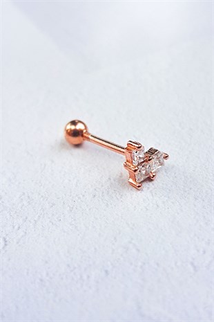 Tekli, 3 Taş Kalpli Gümüş Piercing Küpe