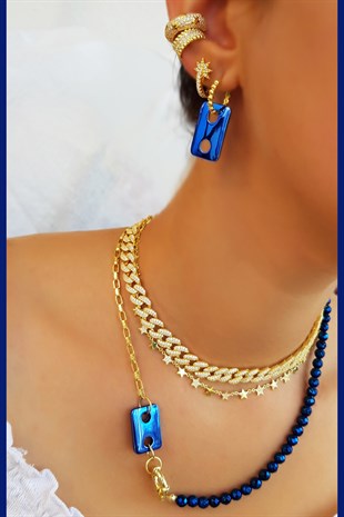 TEKLİ DİKDÖRTGEN SAKS MAVİ GÜMÜŞ KÜPE