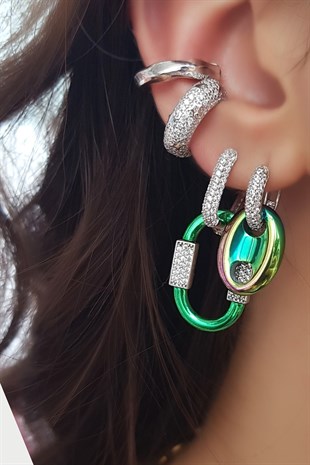 TEKLİ EQUATOR TAŞLI YEŞİL GÜMÜŞ KÜPE