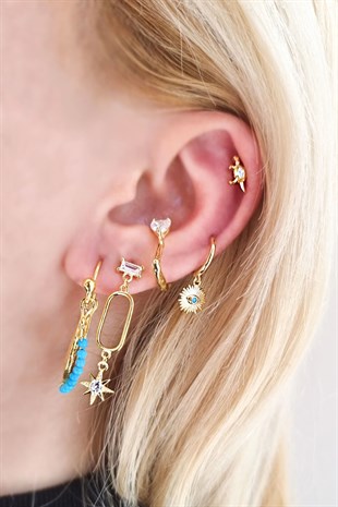 Tekli İthal Dinazor Sarı Taşlı Gümüş Piercing Küpe