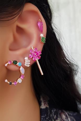 TEKLİ İTHAL İNCİ YEŞİL BAGET MİNİ ROSE GÜMÜŞ KÜPE