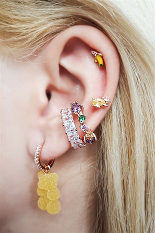 Tekli İthal Kirpi Sarı Taşlı Gümüş Piercing Küpe