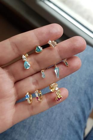 TEKLİ İTHAL MİNİ FANCY KESİM AQUA KALB GÜMÜŞ KÜPE