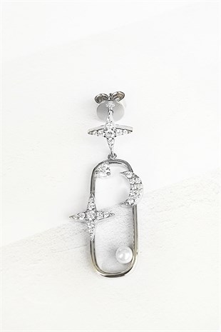 TEKLİ İTHAL SQUARE MOON STAR PEARL GÜMÜŞ KÜPE