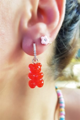 TEKLİ JELİBON  KIRMIZI CANDY BEAR GÜMÜŞ KÜPE