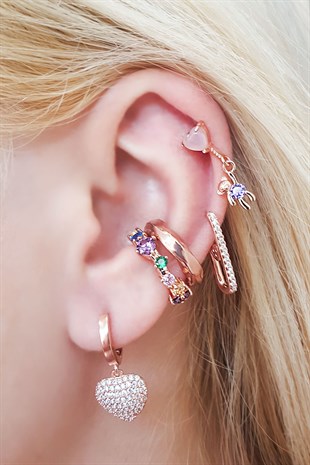 Tekli Kalp Taşlı Gümüş Küpe