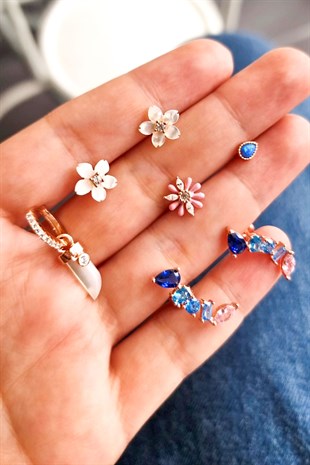 Tekli Renkli Zirkon Taşlı Sol Taraflı Gümüş Küpe