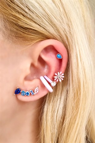 Tekli Renkli Zirkon Taşlı Sol Taraflı Gümüş Küpe