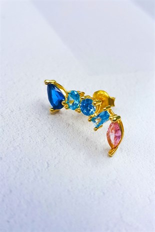 Tekli Renkli Zirkon Taşlı Sol Taraflı Gümüş Küpe