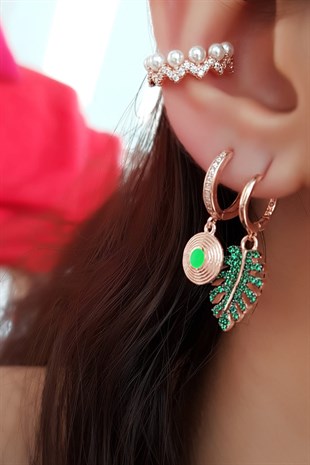 TEKLİ YEŞİL TROPİ LEAF GÜMÜŞ KÜPE 