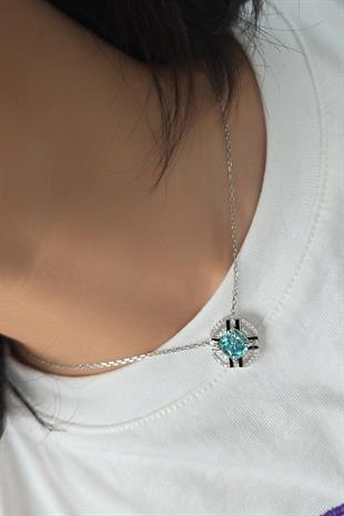 TURKUAZ MOZANİT KARE GÜMÜŞ KOLYE