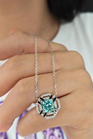 TURKUAZ MOZANİT KARE GÜMÜŞ KOLYE