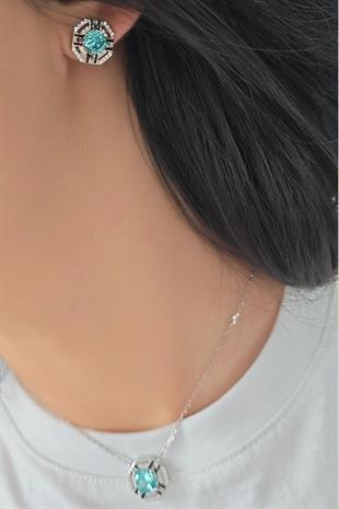 TURKUAZ MOZANİT KARE GÜMÜŞ KÜPE