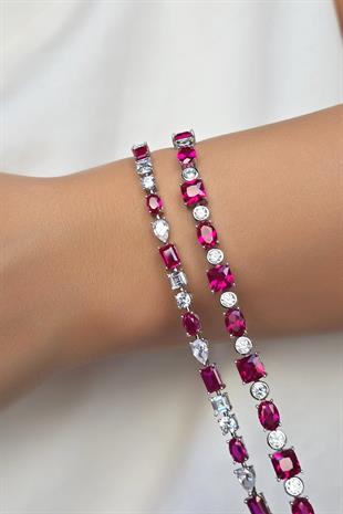 YAKUT RUBY DAMLA ÇOKLU ŞEKİL GÜMÜŞ BİLEZİK