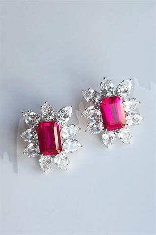 YAKUT RUBY DAMLA DİKDÖRTGEN KESİM GÜMÜŞ KÜPE