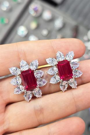 YAKUT RUBY DAMLA DİKDÖRTGEN KESİM GÜMÜŞ KÜPE