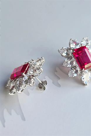 YAKUT RUBY DAMLA DİKDÖRTGEN KESİM GÜMÜŞ KÜPE
