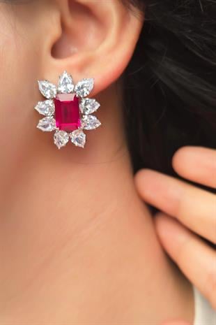 YAKUT RUBY DAMLA DİKDÖRTGEN KESİM GÜMÜŞ KÜPE