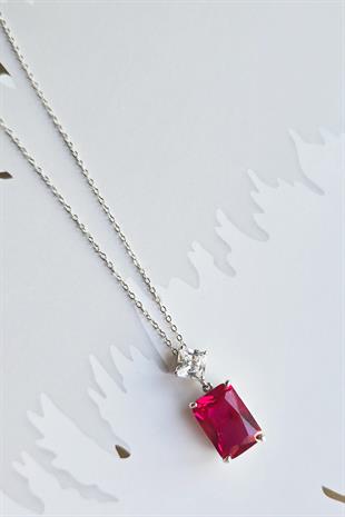 YAKUT RUBY DİKDÖRTGEN GÜMÜŞ KOLYE